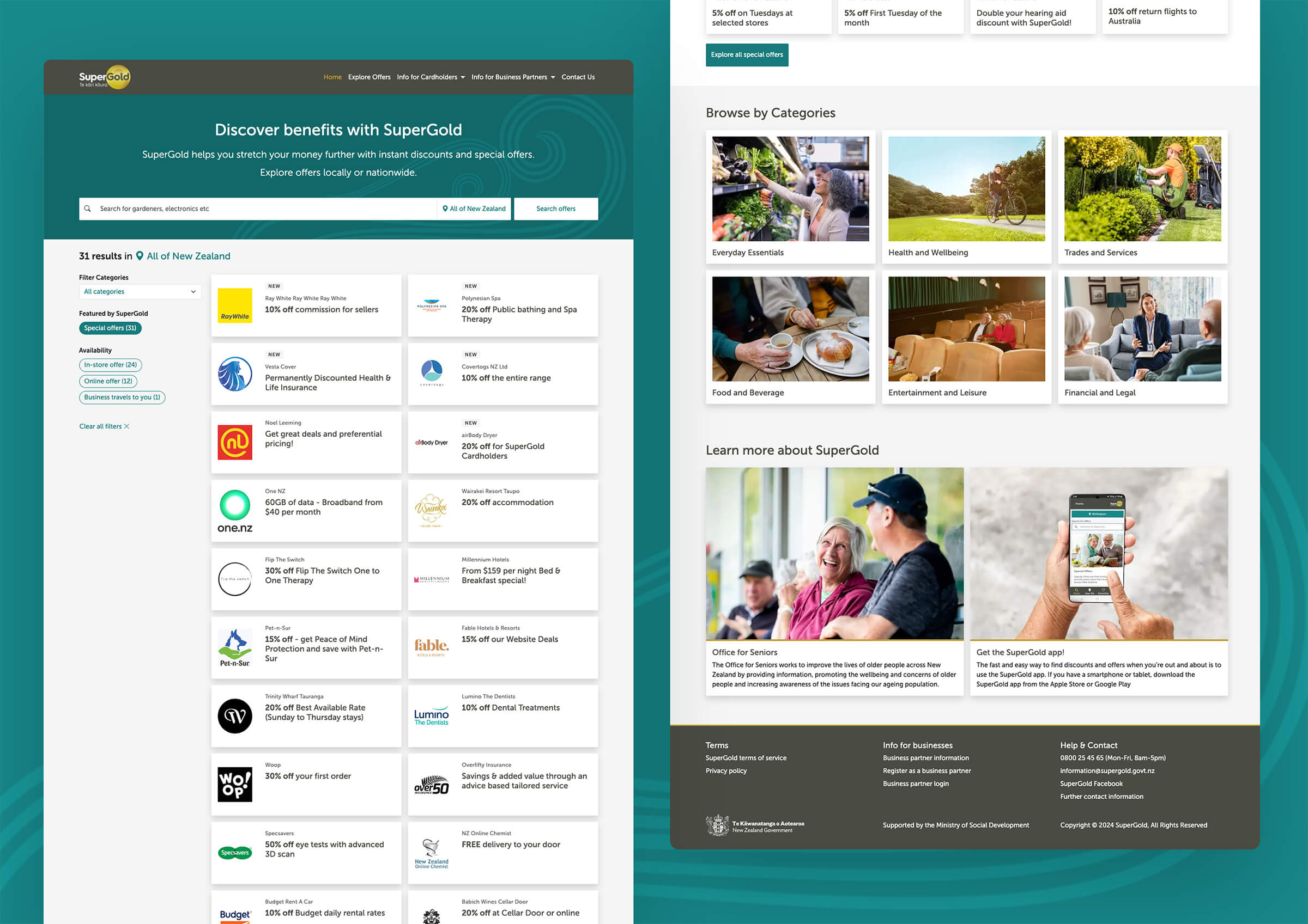 Search results desktop view and homepage desktop view from the SuperGold website