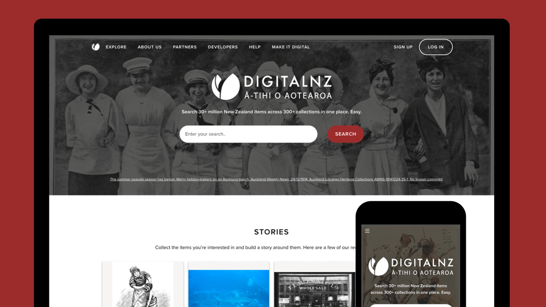 Mockup showing the DigitalNZ website on a tablet and a mobile.