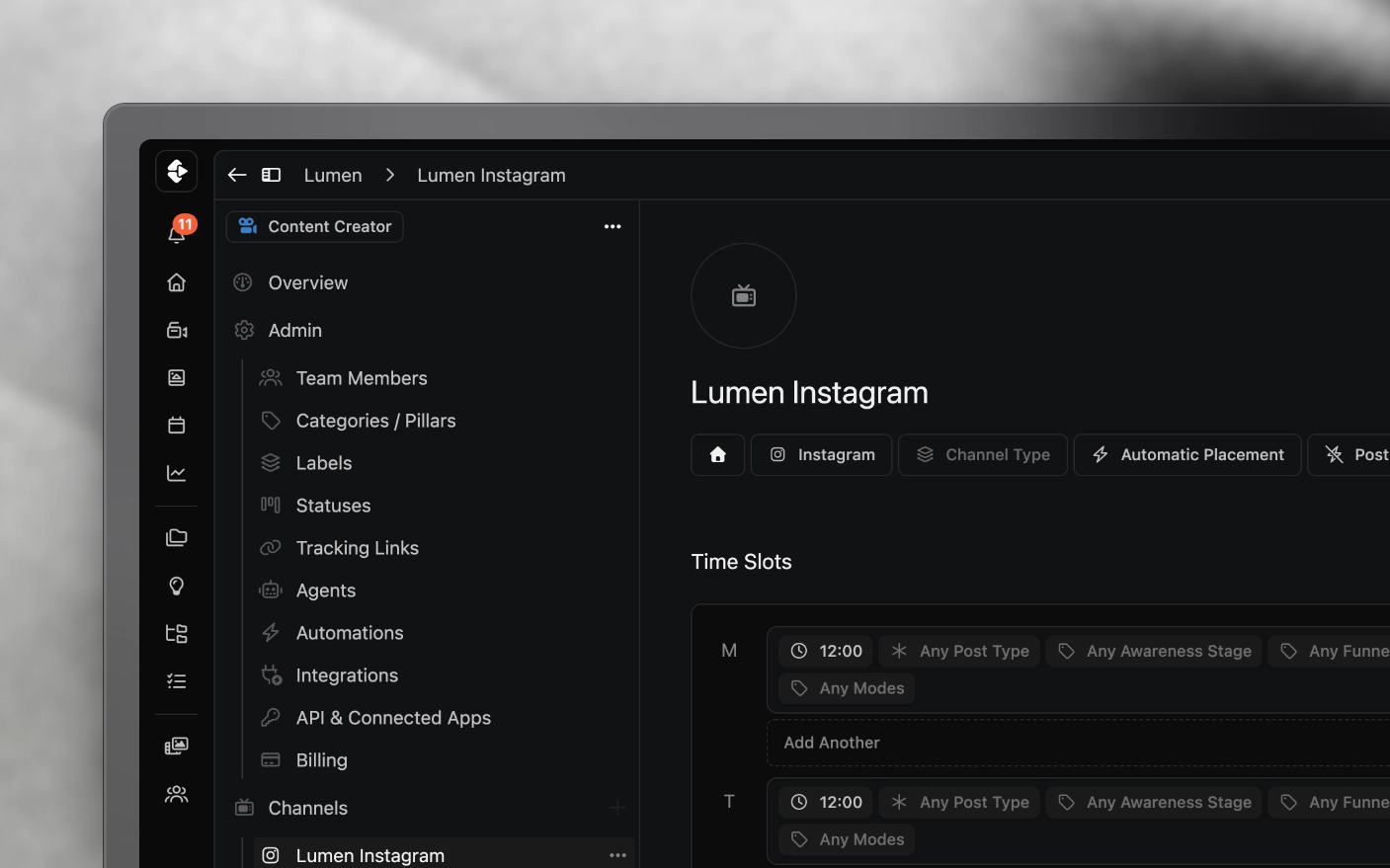 Example channel time slots and their filtering controls.