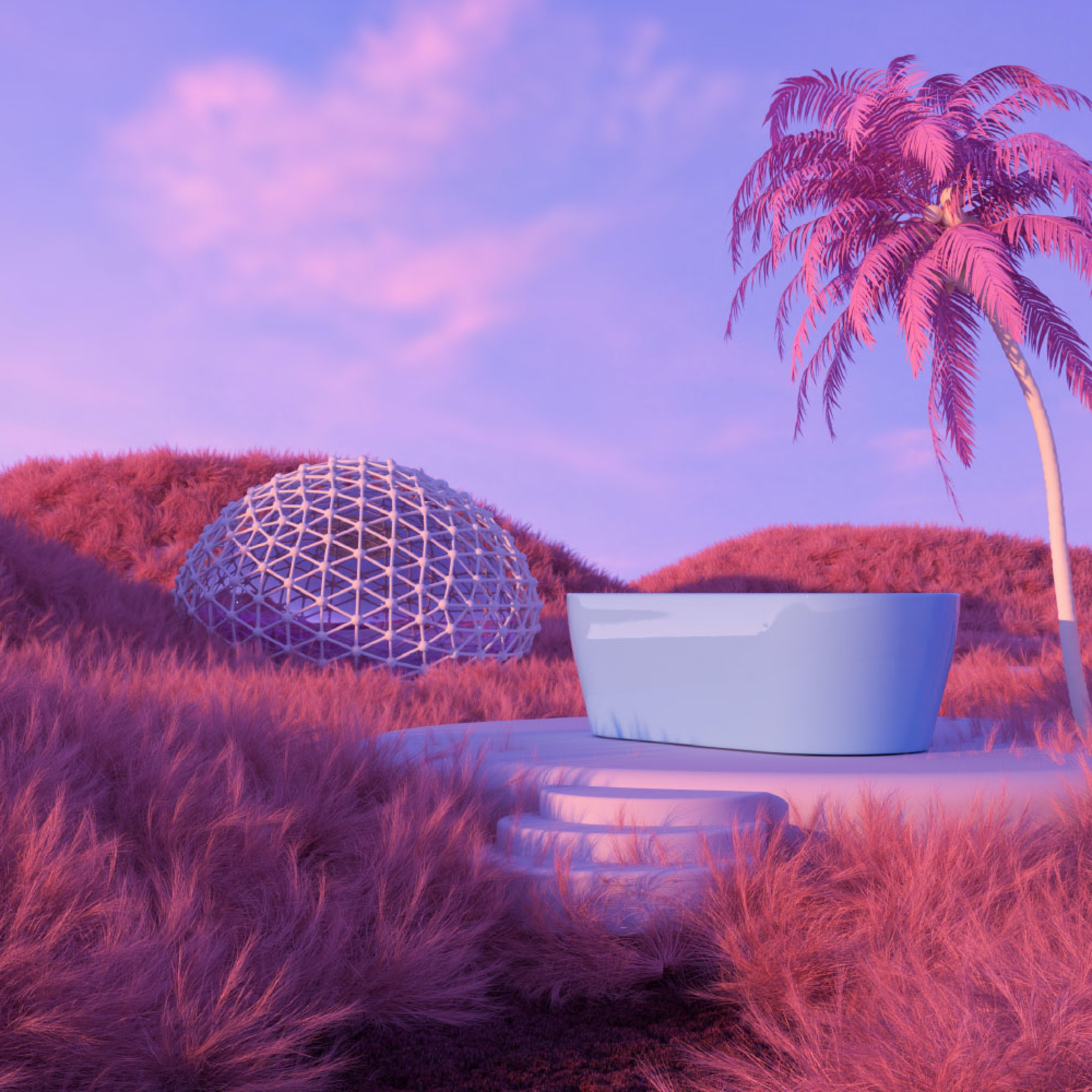 An image representing the metaverse with computer generated hills, a stone plinth in the centre and a palm tree