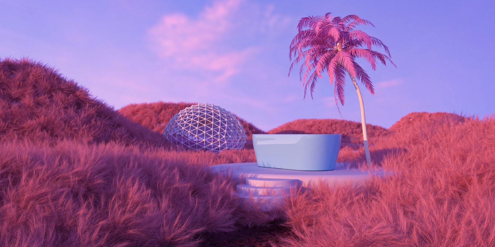 An image representing the metaverse with computer generated hills, a stone plinth in the centre and a palm tree