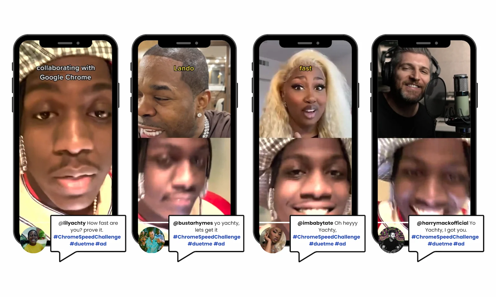 Image of the tiktok posts for the Chrome Speed Challenge campaign featuring Lil Yachty, Busta Ryhmes, Baby Tate and Harry Mack