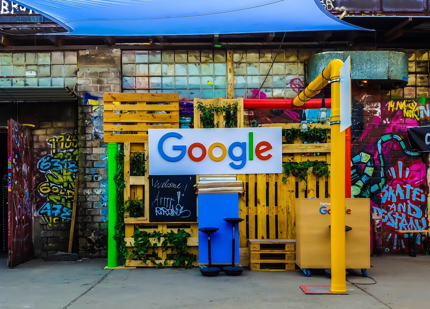 Google logo against some wooden objects