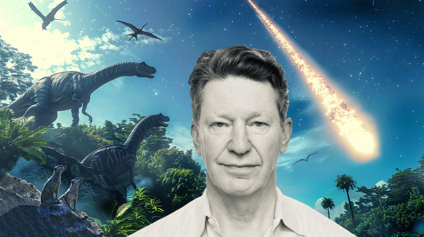 Image of Chief Creative Officer for EssenceMediacom Stef Calcraft - Background image of dinosaurs and an asteroid
