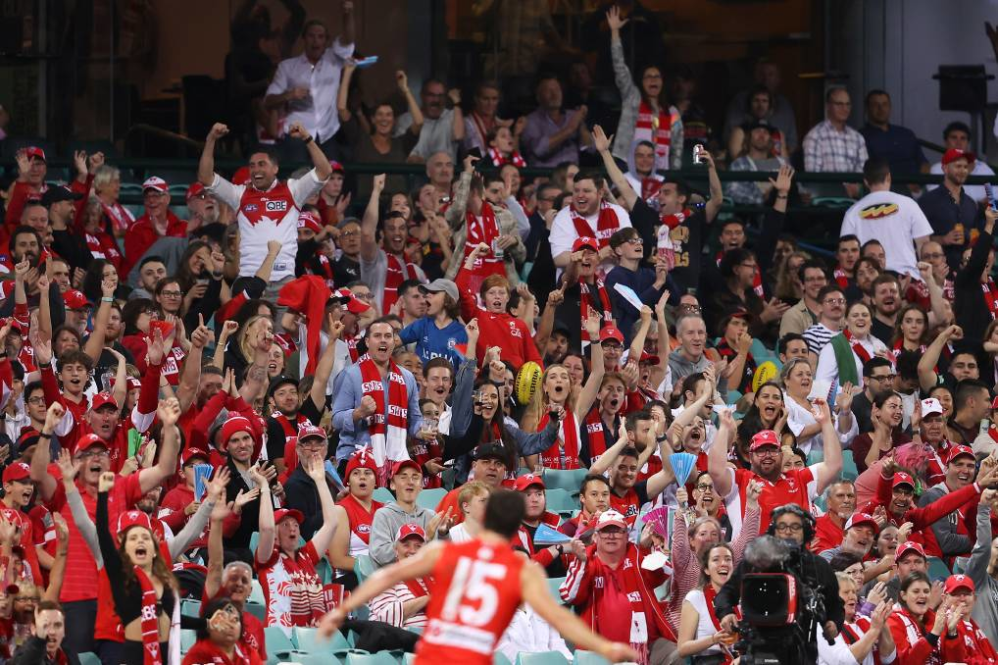 Image of fans celebrating at an Australian rules football match 