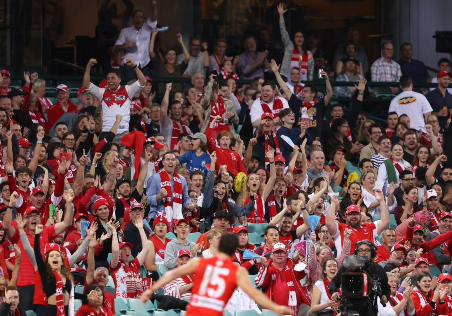 Image of fans celebrating at an Australian rules football match 