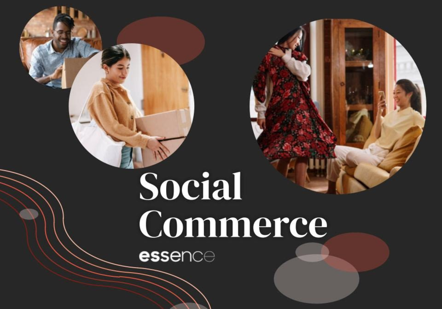 A collage consisting of various people engaged in shopping. Text reads: Social Commerce