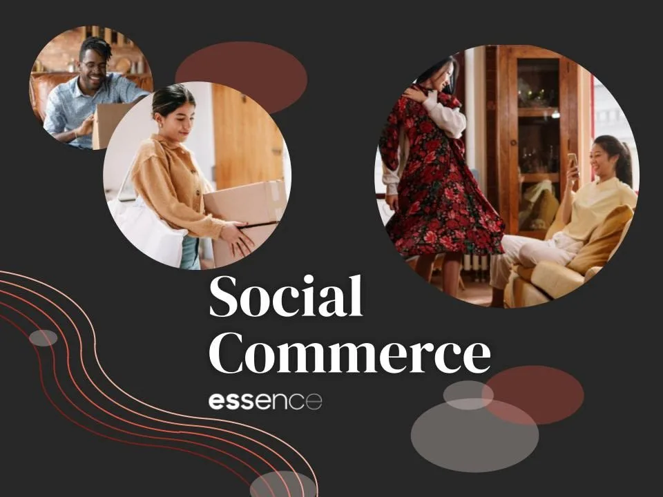 A collage consisting of various people engaged in shopping. Text reads: Social Commerce