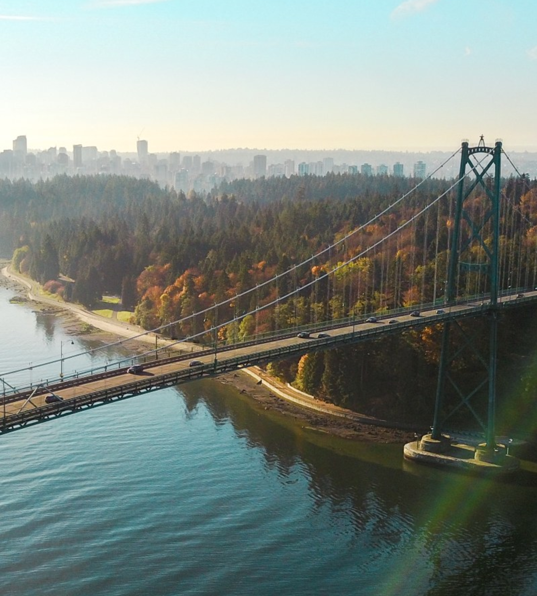 Image of Vancouver from the air looking at Lions Gate Bridge and Stanley Park 