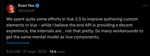 We spent quite some efforts in Vue 3.5 to improve authoring custom elements in Vue - while I believe the end API is providing a decent experience, the internals are… not that pretty. So many workarounds to get the same mental model as Vue components.