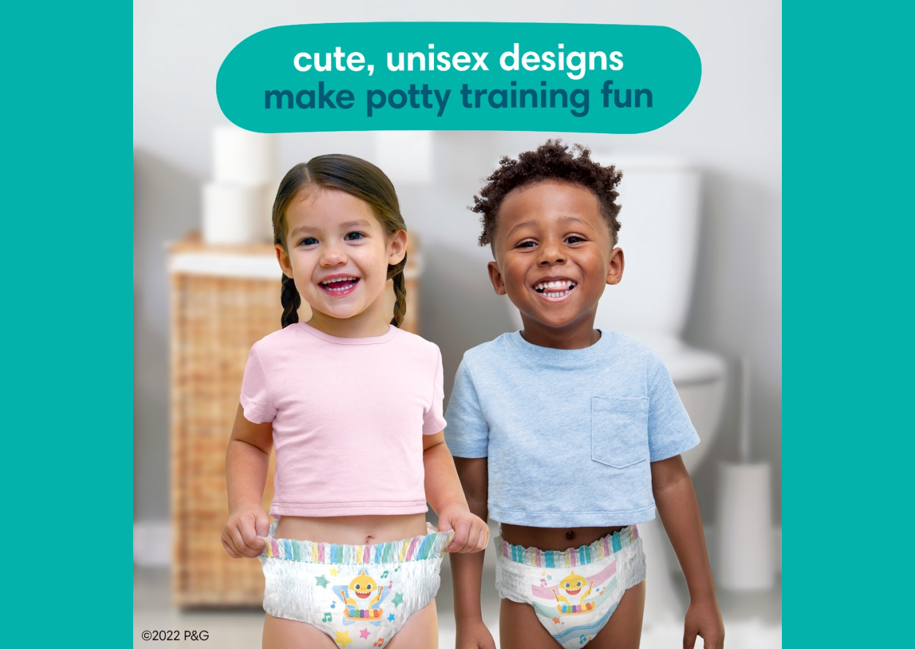 La imagen muestra que los pantalones de entrenamiento Pampers Pure están disponibles en lindos diseños unisex para que el entrenamiento para ir al baño sea divertido