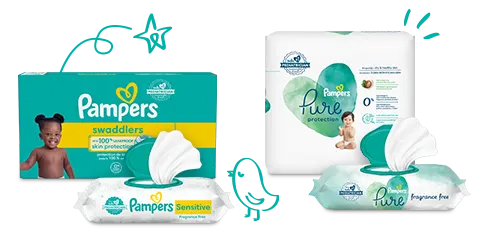 Catálogo de productos Pampers: pañales, calzoncitos y toallitas húmedas.