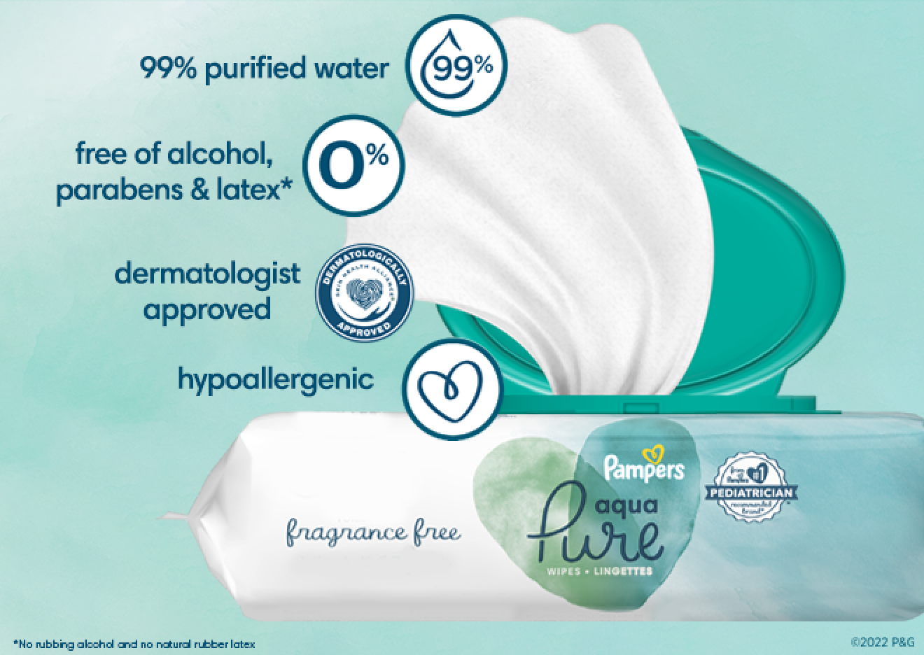 La imagen muestra los beneficios de las toallitas Pampers Aqua Pure: agua purificada al 99 %, sin alcohol, parabenos ni látex, aprobada por dermatólogos e hipoalergénica