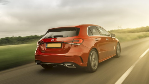 The exterior of a red Mercedes A Class