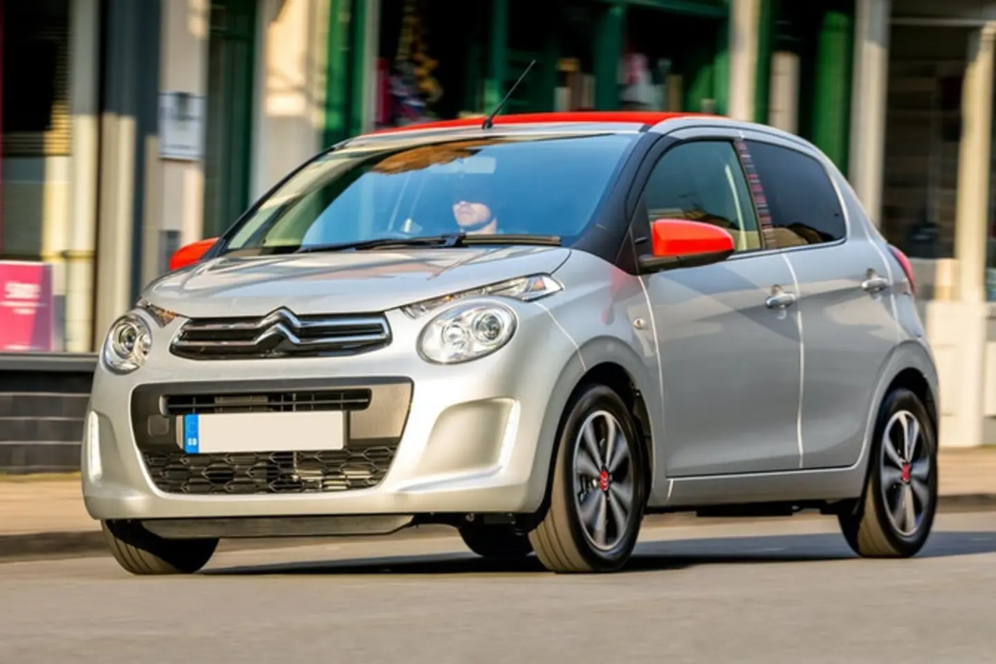 The front exterior of a silver Citroen C1
