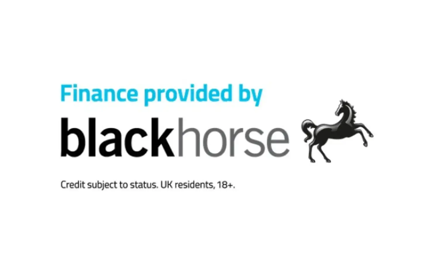 Blue text stating 'finance provided by', followed by emboldened black text that says 'black horse'. In smaller font beneath, black text states 'Credit subject to status. UK residents, 18+.' Beside the text is a picture of a black horse.