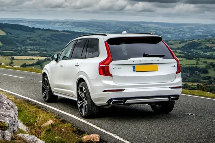 The rear exterior of a white Volvo XC90