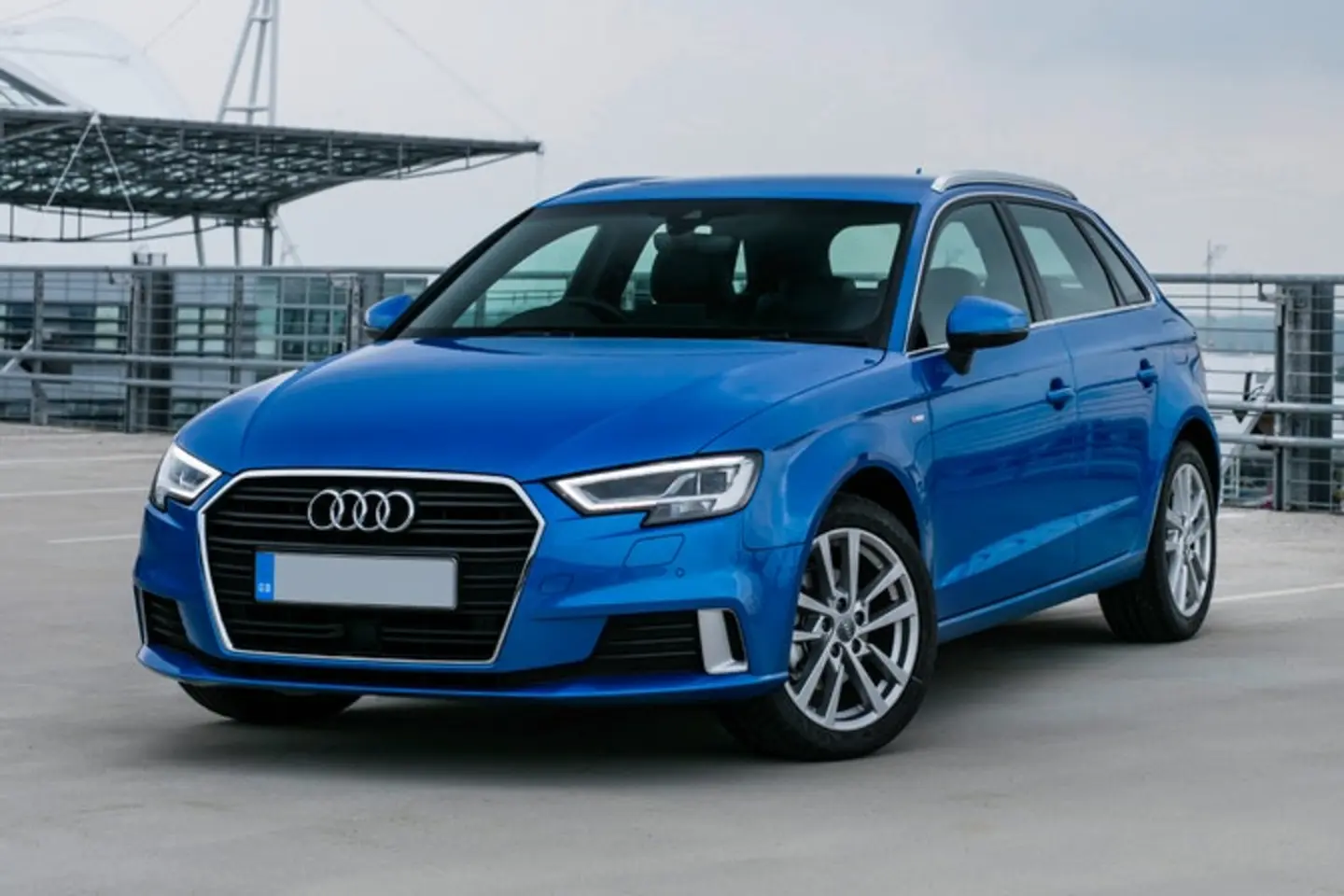 The exterior of a blue Audi A3