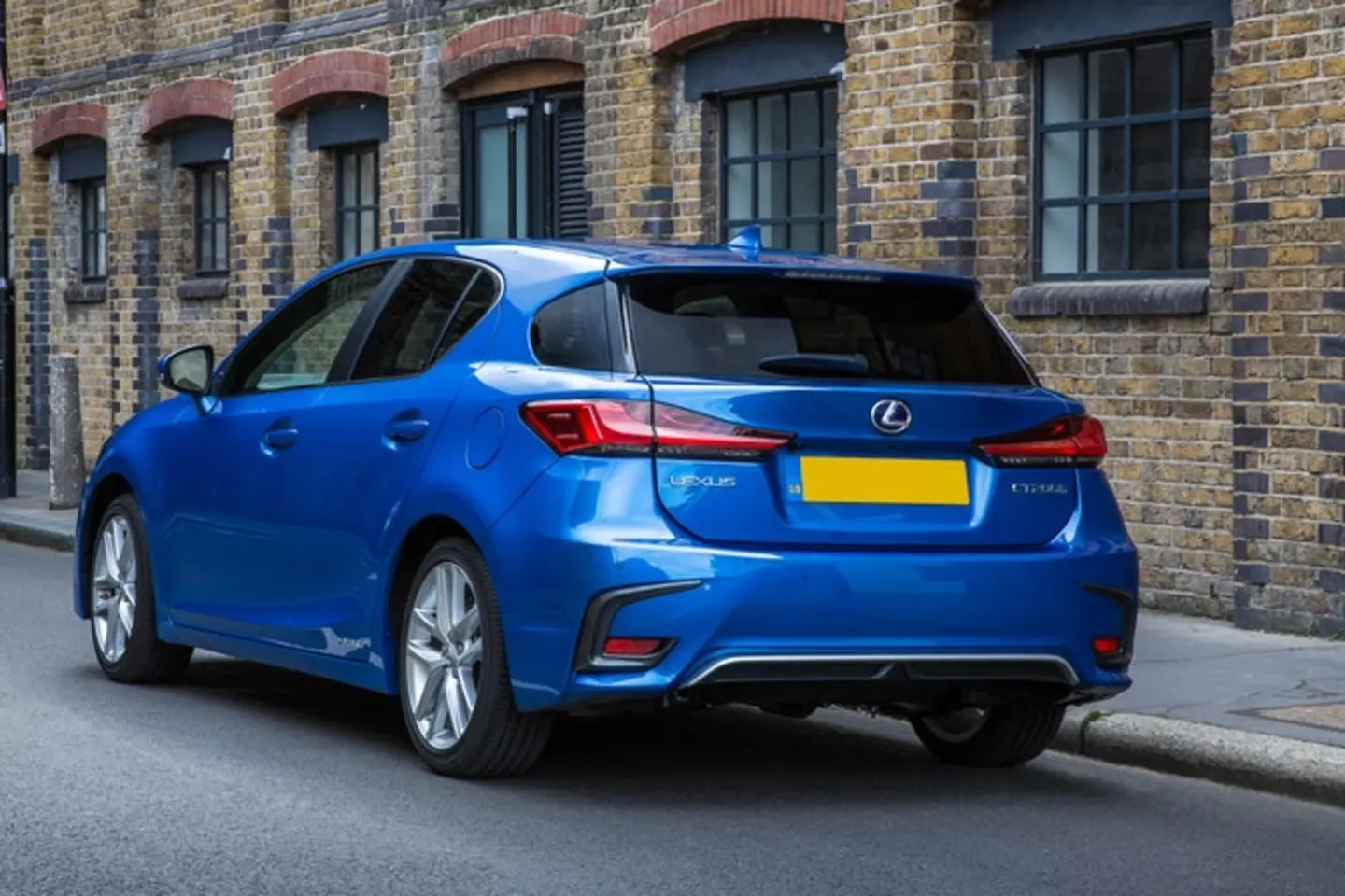 The rear exterior of a blue Lexus CT