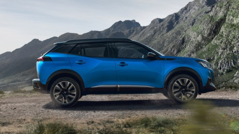 The side exterior of a blue Peugeot 2008