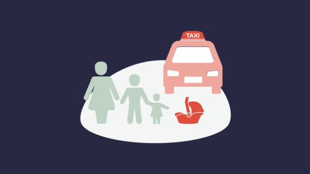 Mother and children next to a taxi