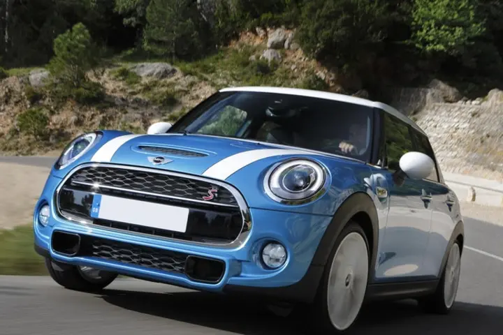 The exterior of a blue Mini Hatch