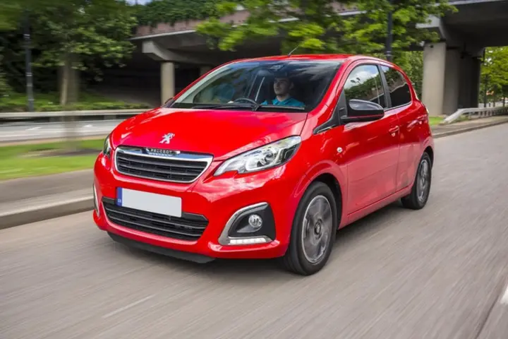 The exterior of a red Peugeot 108