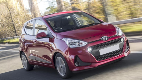 The exterior of a red Hyundai i10