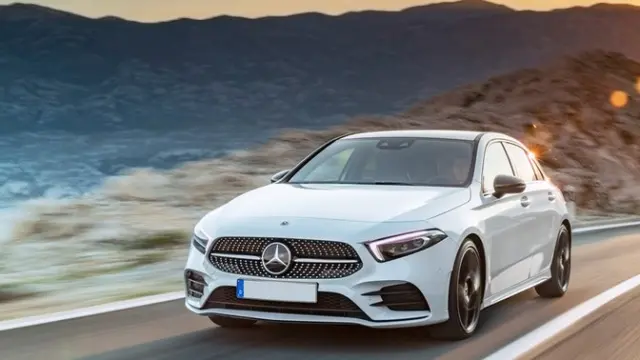The front exterior of a white Mercedes-Benz A-Class