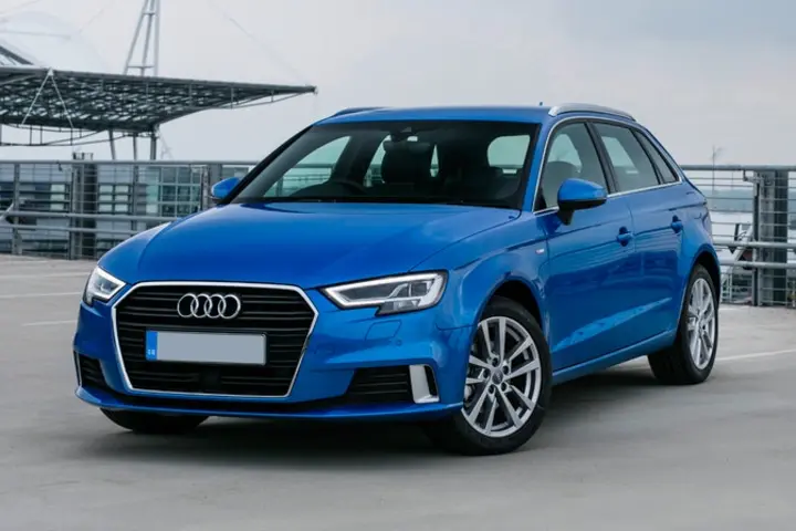 The exterior of a blue Audi A3