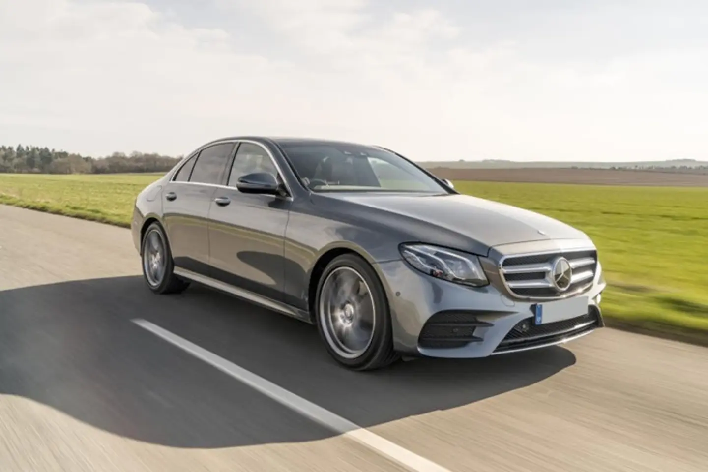 The exterior of a grey Mercedes E-Class