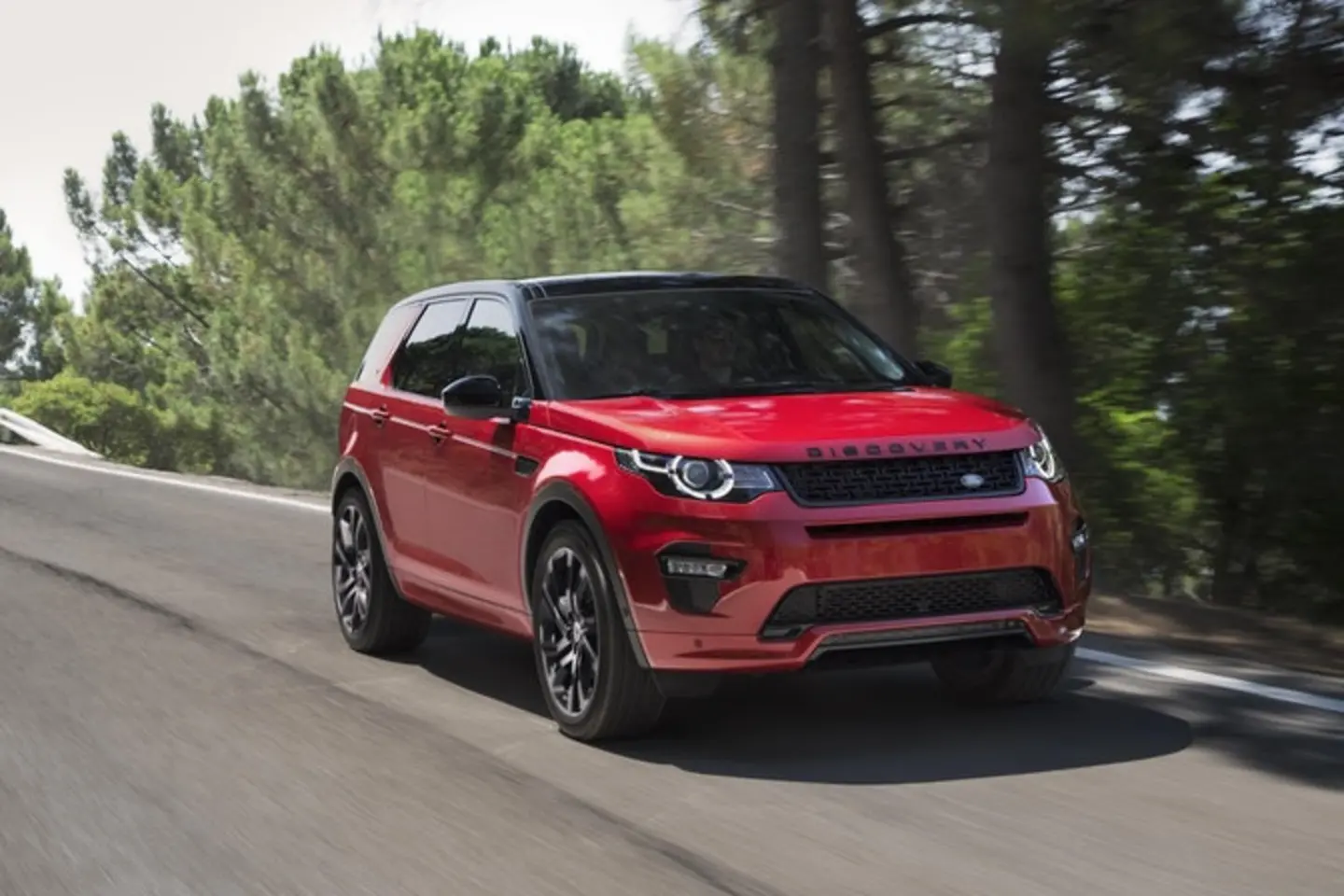 The exterior of a red Land Rover Discovery Sport