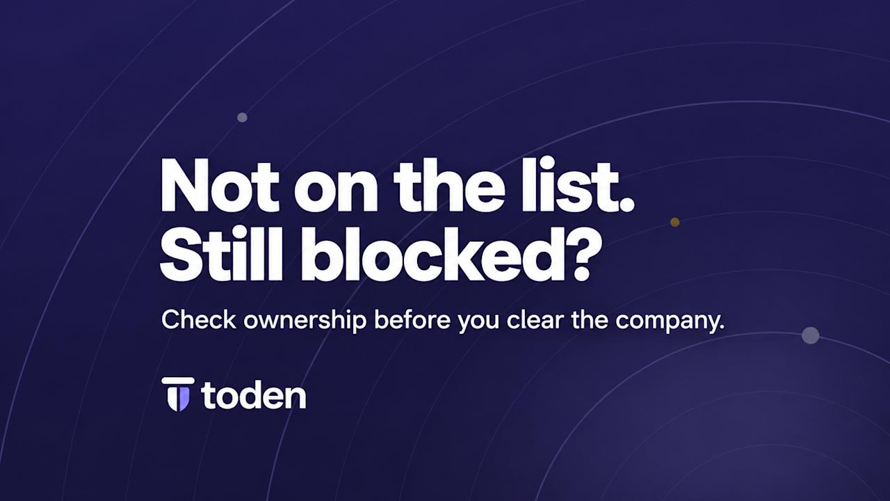 "Não está na lista. Ainda está bloqueado?" em branco sobre um cenário escuro da marca Toden orbit violeta.
