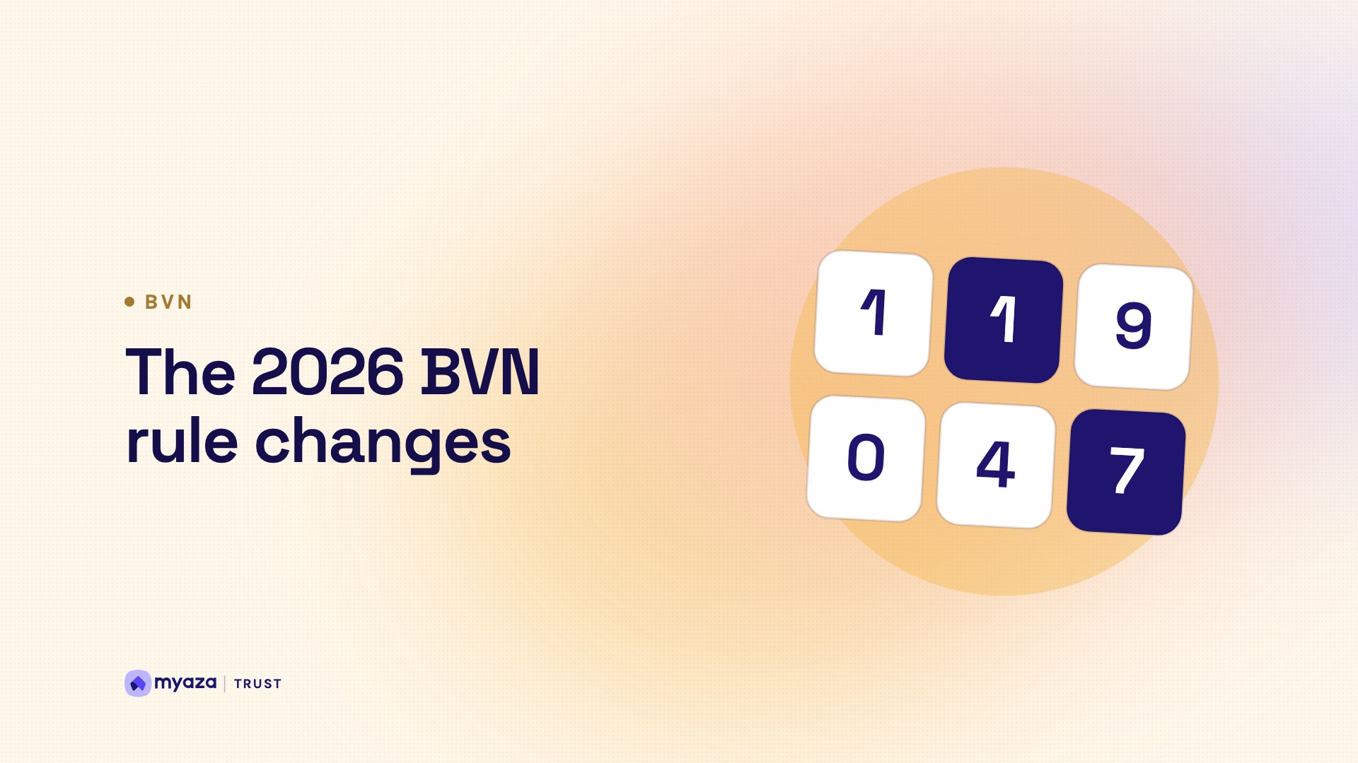 Headline "The 2026 BVN rule changes" beside an illustration of tiles of identity number digits, on a warm cream gradient.
