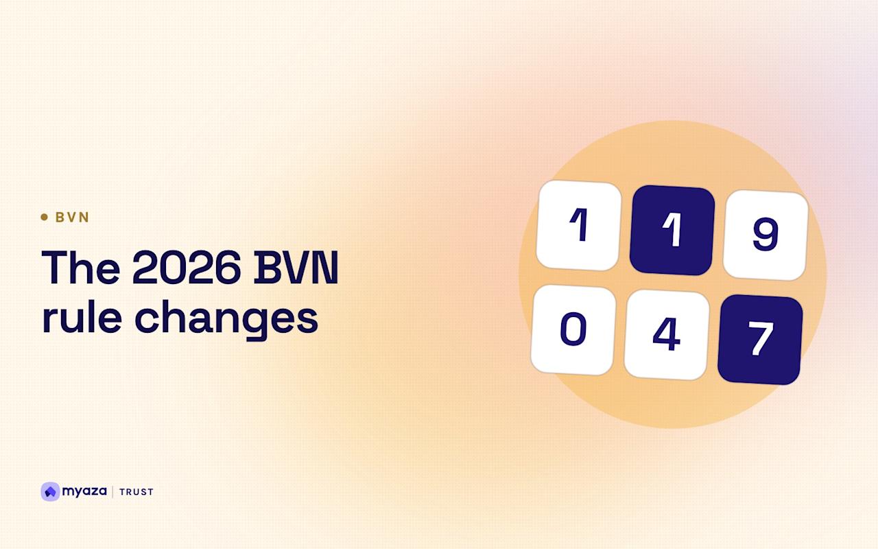 Headline "The 2026 BVN rule changes" beside an illustration of tiles of identity number digits, on a warm cream gradient.