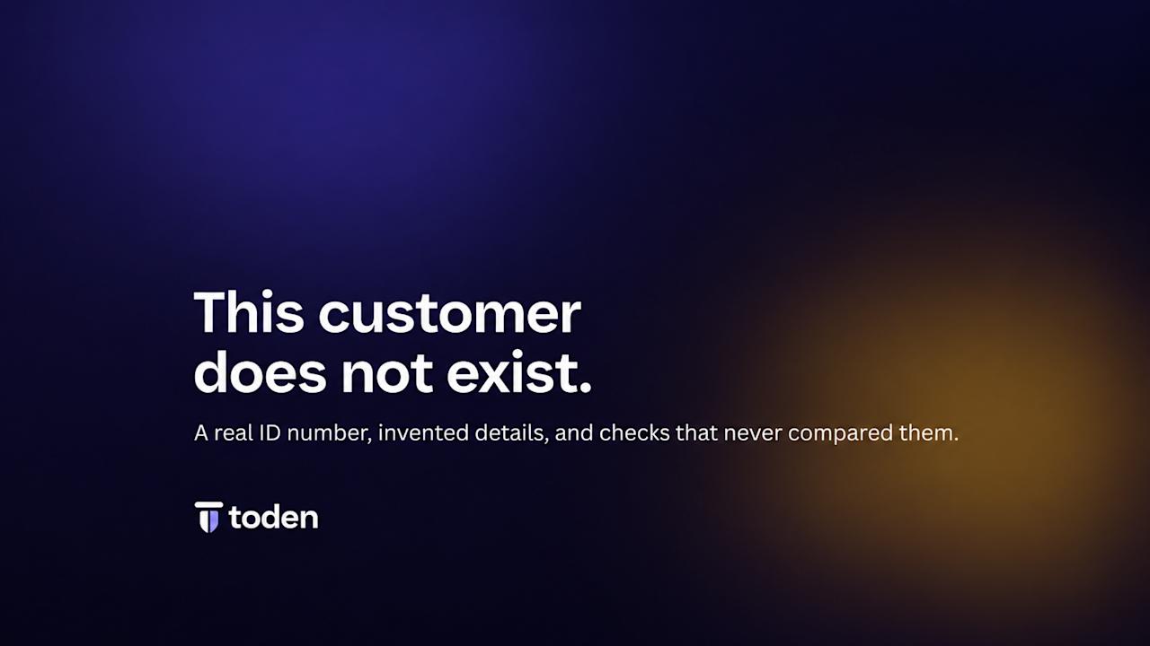 Couverture éditoriale de Toden pour « Le client que vous venez d’approuver n’existe pas. Comment les identités synthétiques passent le contrôle d’identité et comment les démasquer. »