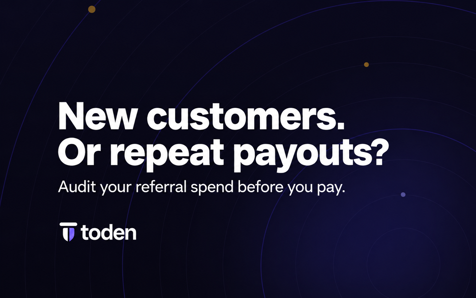 “Novos clientes. Ou pagamentos recorrentes?” em branco sobre um fundo escuro Toden Orbit Indigo.