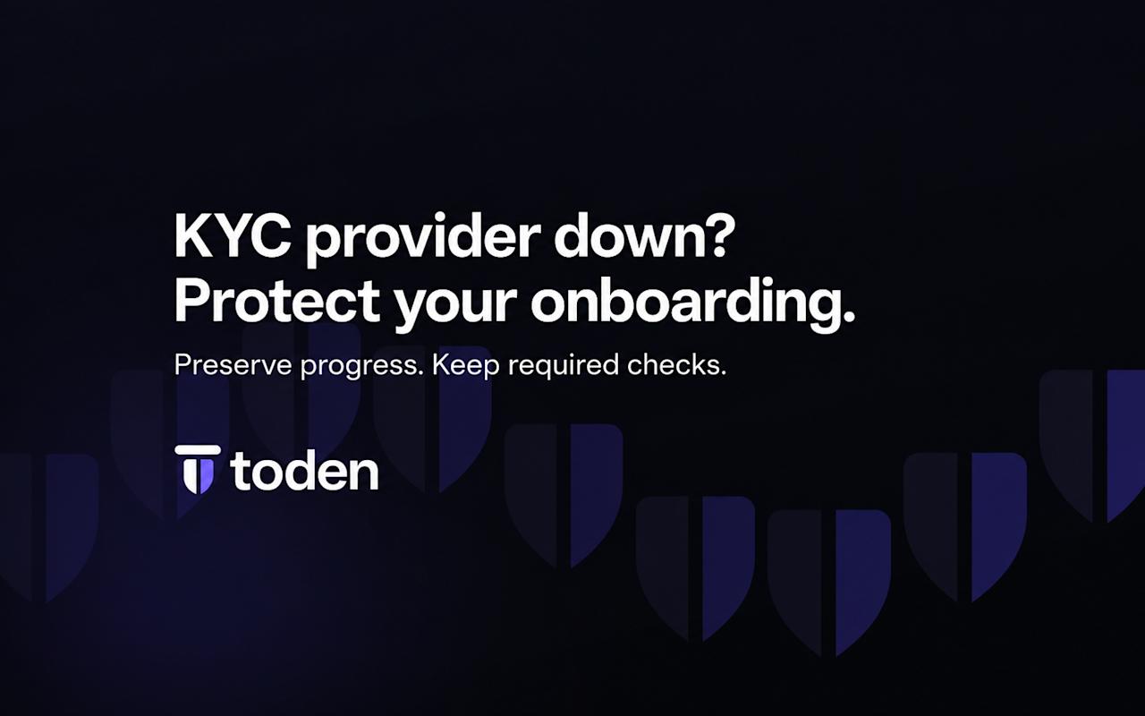 « Fournisseur KYC hors service ? Protégez l'inscription et la vérification de vos clients. » en blanc sur un fond sombre évoquant la colonnade Toden.