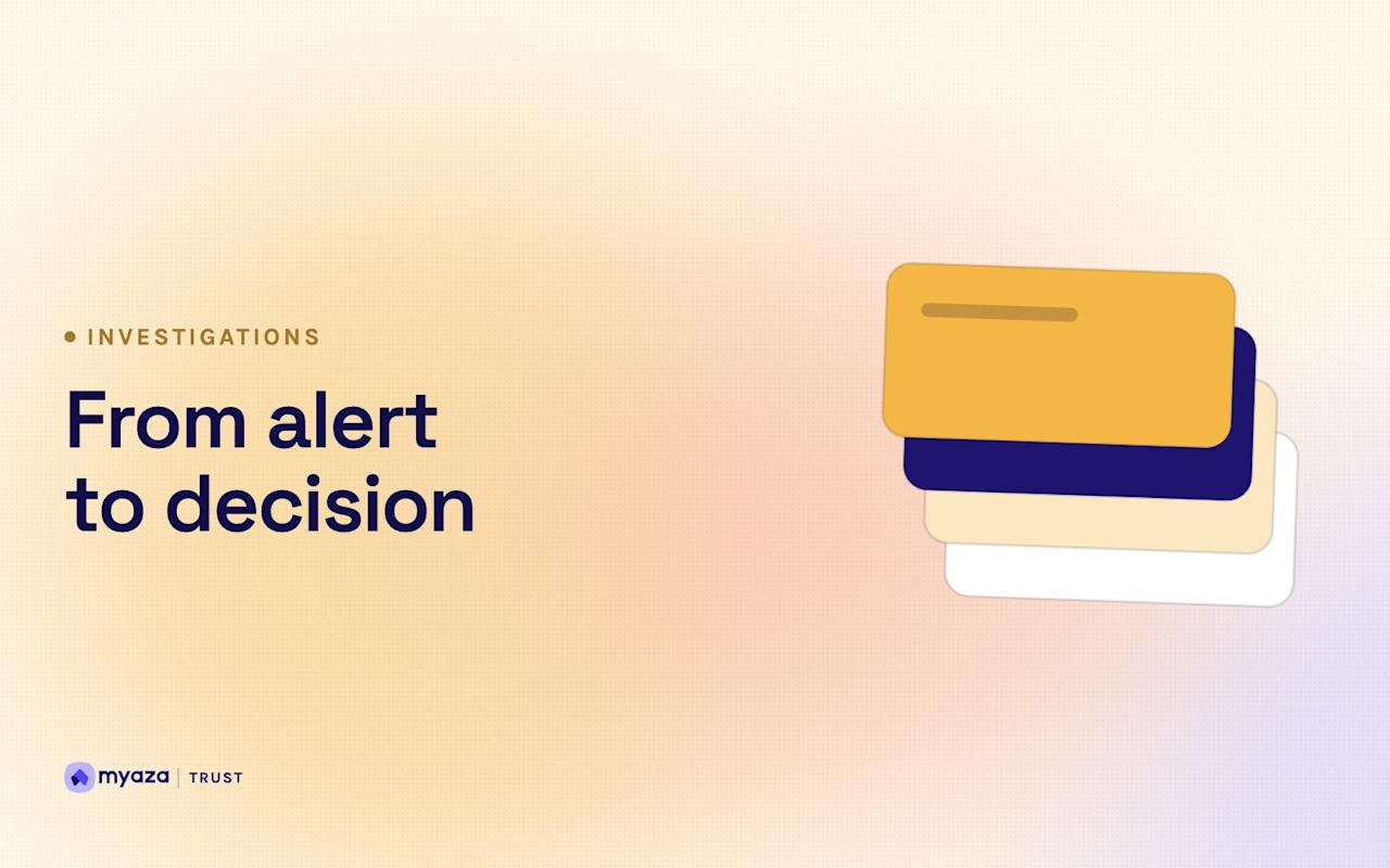 Headline "From alert to decision" beside an illustration of a stack of case cards, on a warm cream gradient.