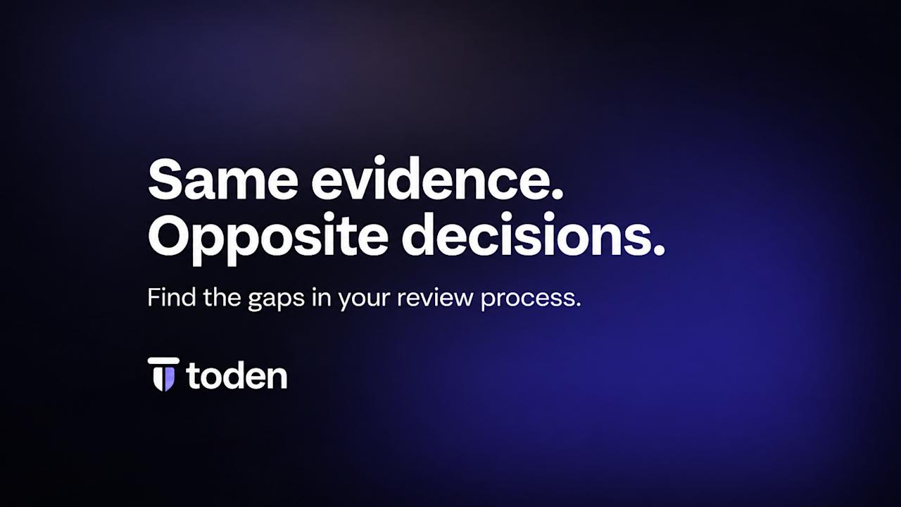 “Same evidence. Opposite decisions.” in white on a dark Toden glow night brand backdrop.