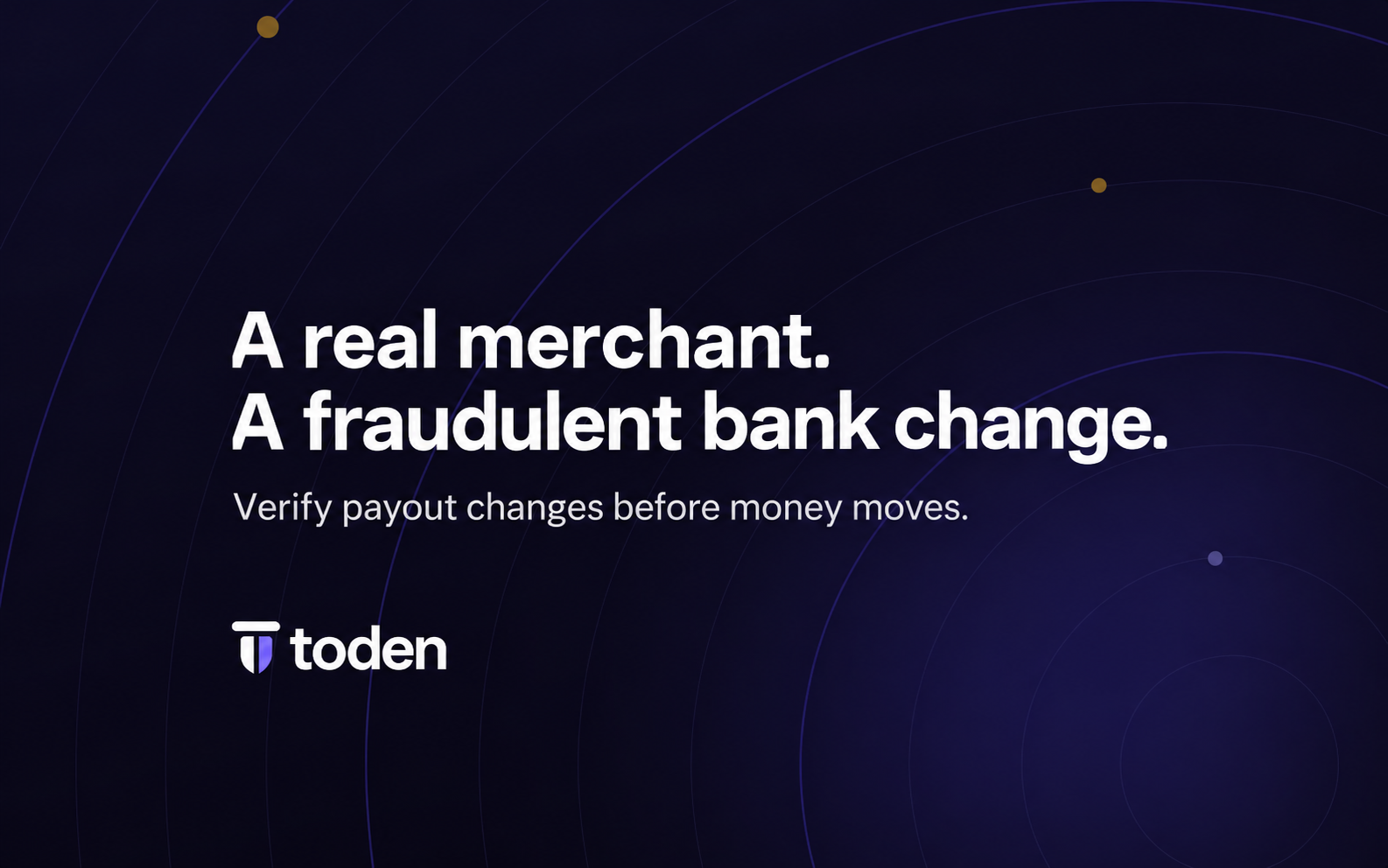 "Um comerciante de verdade. Troco bancário fraudulento." em branco sobre um fundo escuro da marca Toden Orbit Indigo.