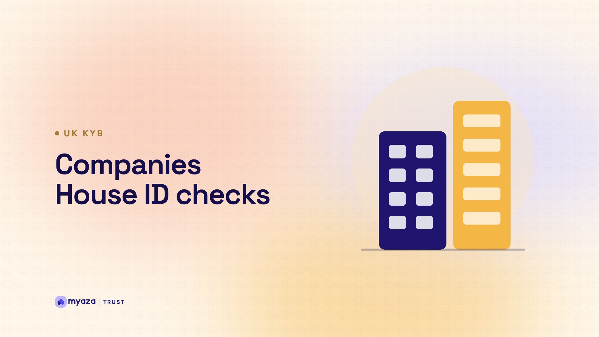 Headline "Companies House ID checks" beside an illustration of two office buildings, on a warm cream gradient.