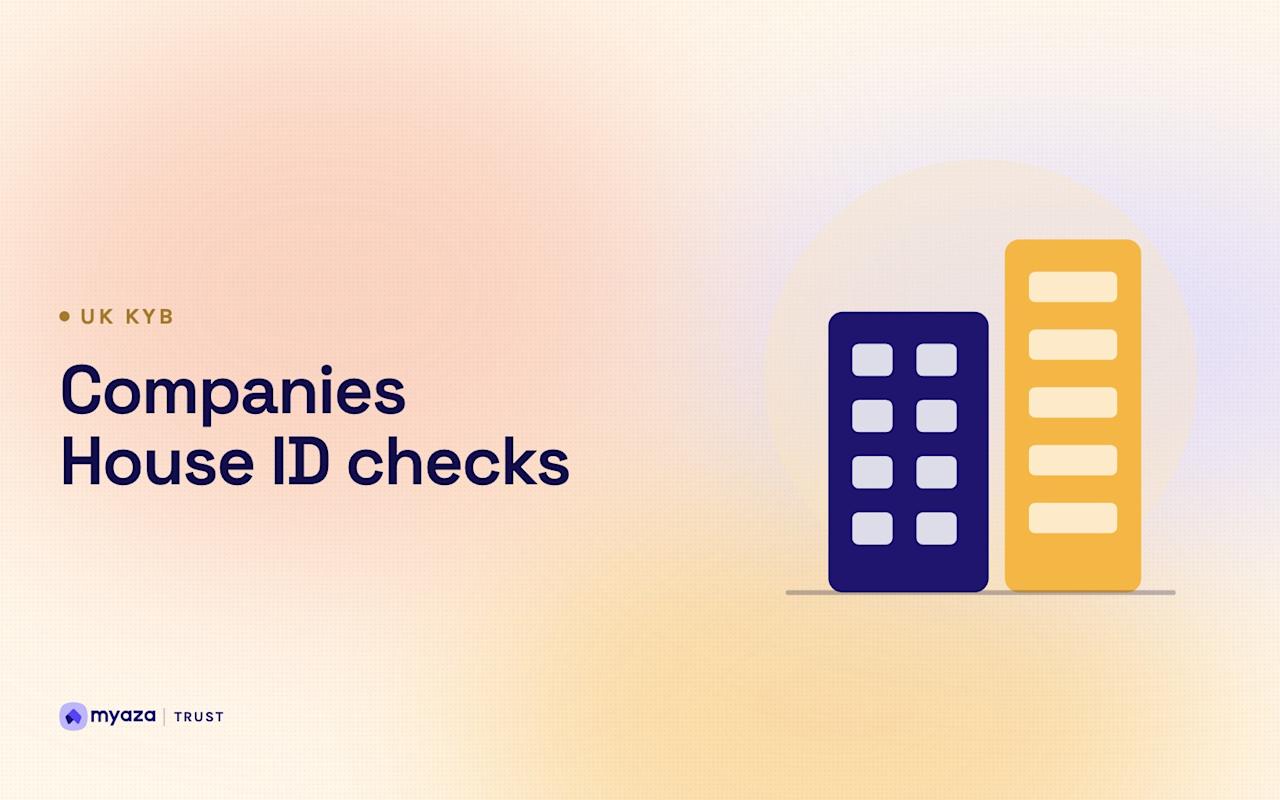 Headline "Companies House ID checks" beside an illustration of two office buildings, on a warm cream gradient.