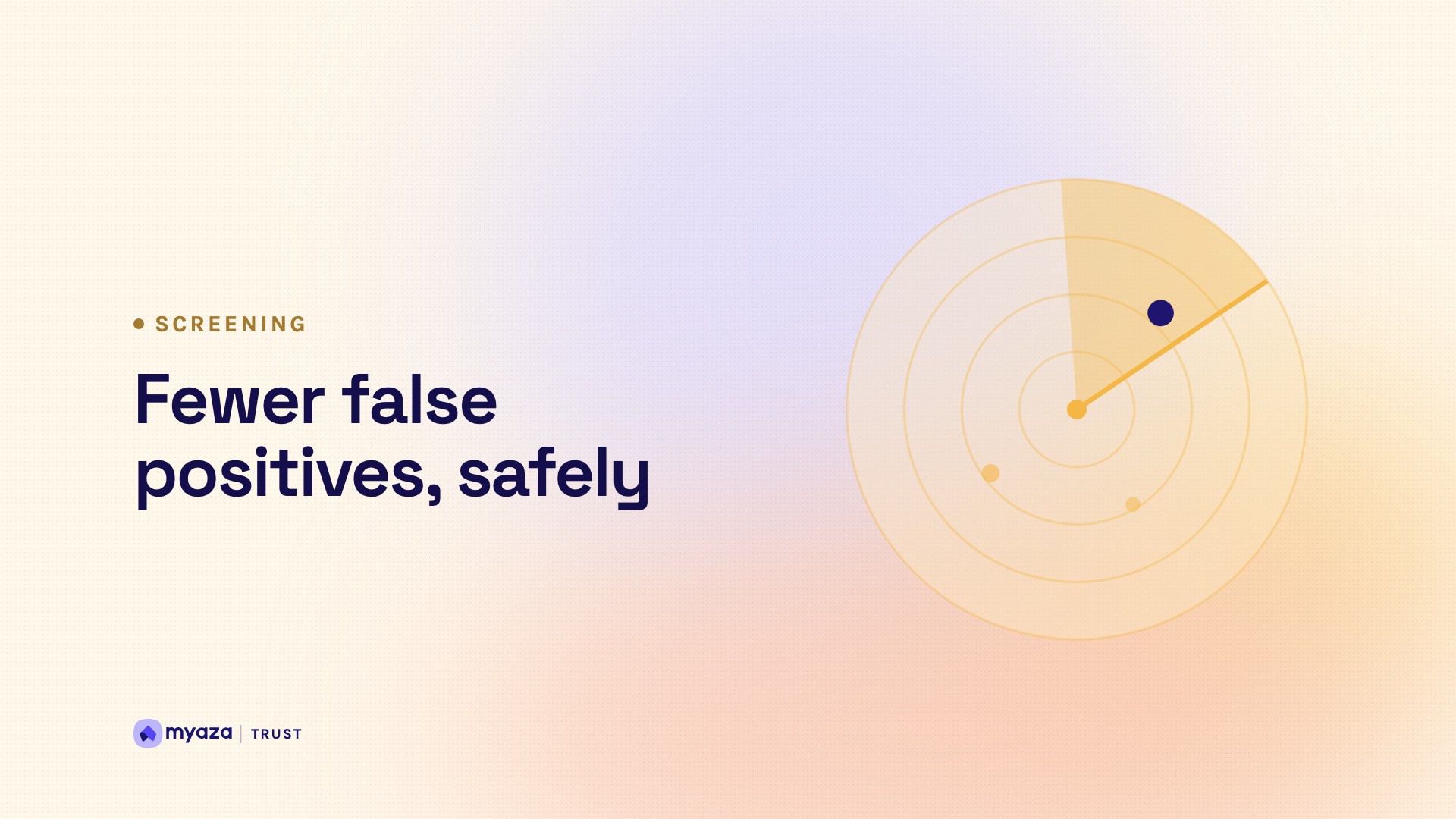 Headline "Fewer false positives, safely" beside an illustration of a screening radar with a highlighted match, on a warm cream gradient.