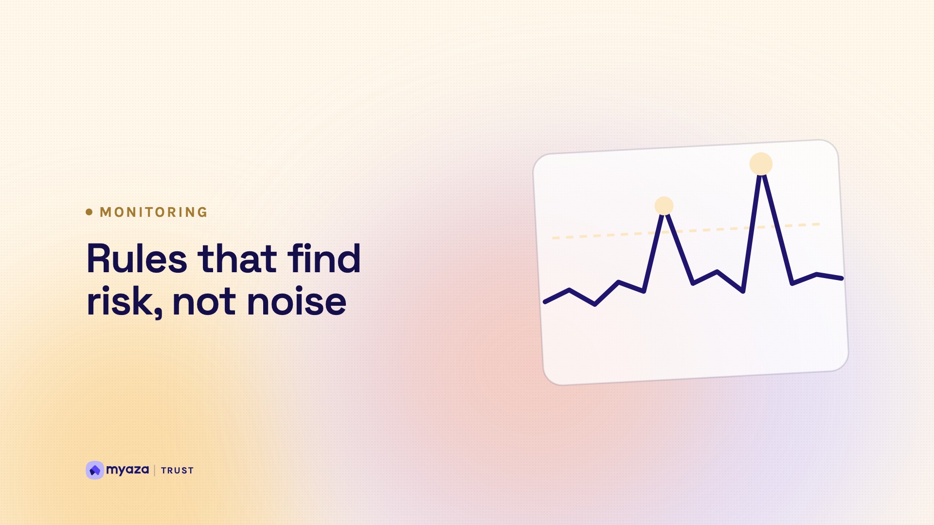 Headline "Rules that find risk, not noise" beside an illustration of a monitoring chart with spikes crossing a threshold line, on a warm cream gradient.