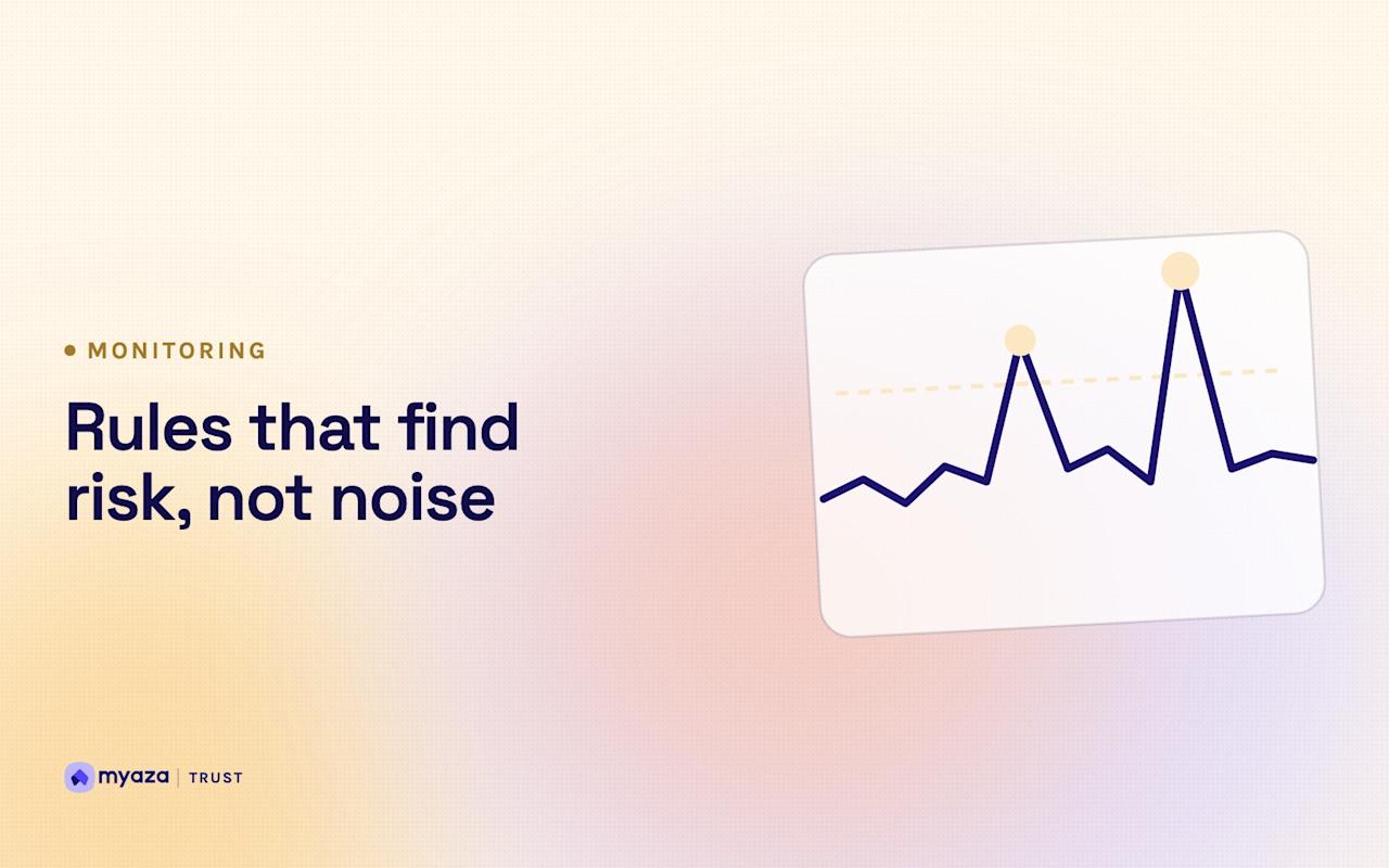 Headline "Rules that find risk, not noise" beside an illustration of a monitoring chart with spikes crossing a threshold line, on a warm cream gradient.