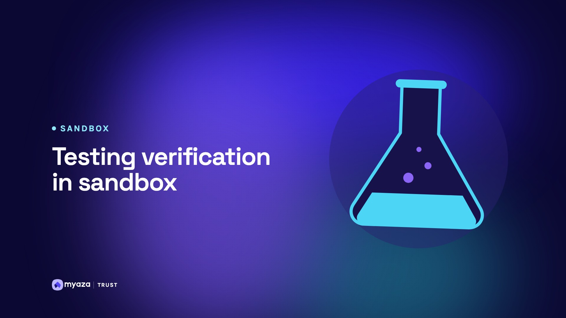 Headline "Testing verification in sandbox" beside an illustration of a laboratory flask with bubbles, on a deep indigo gradient.