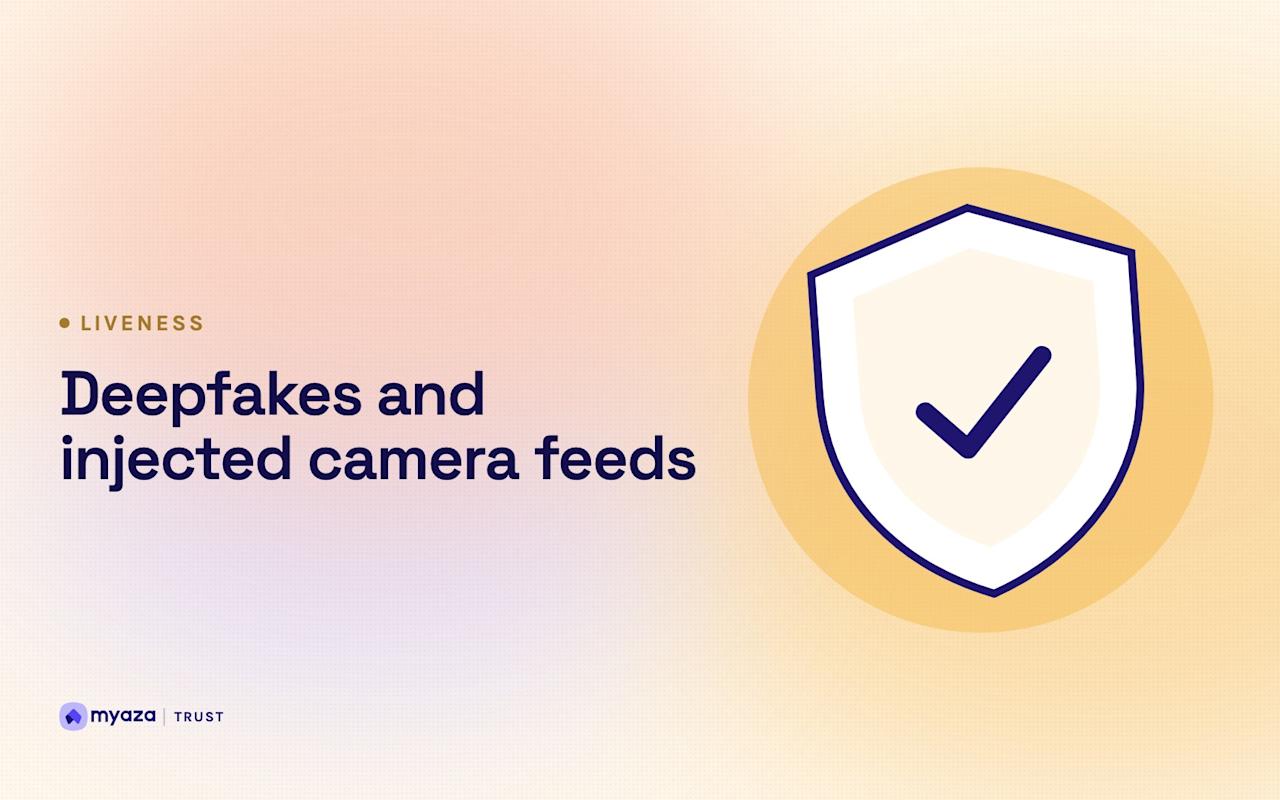 Headline "Deepfakes and injected camera feeds" beside an illustration of a shield with a check mark, on a warm cream gradient.