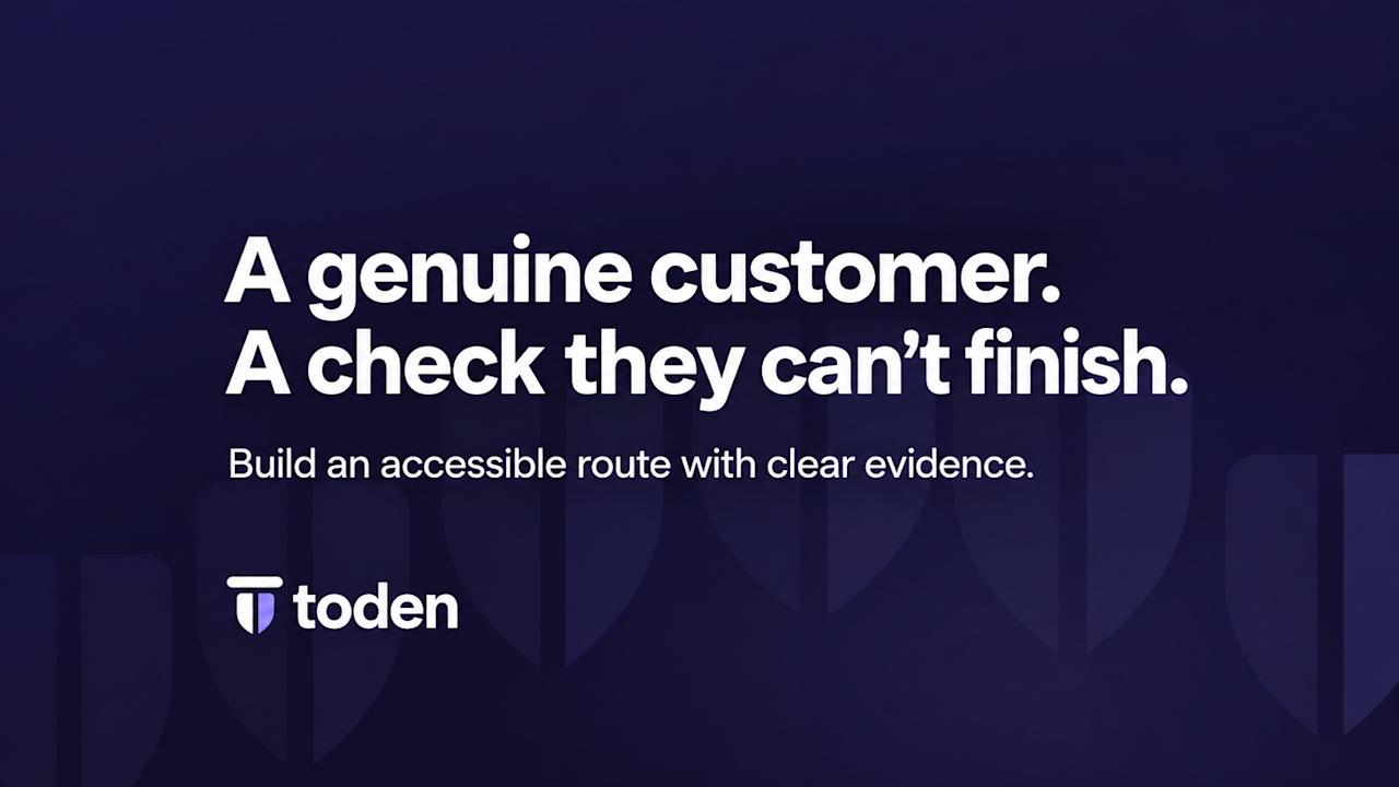 “A genuine customer. A check they can’t finish.” in white on a dark Toden colonnade violet brand backdrop.
