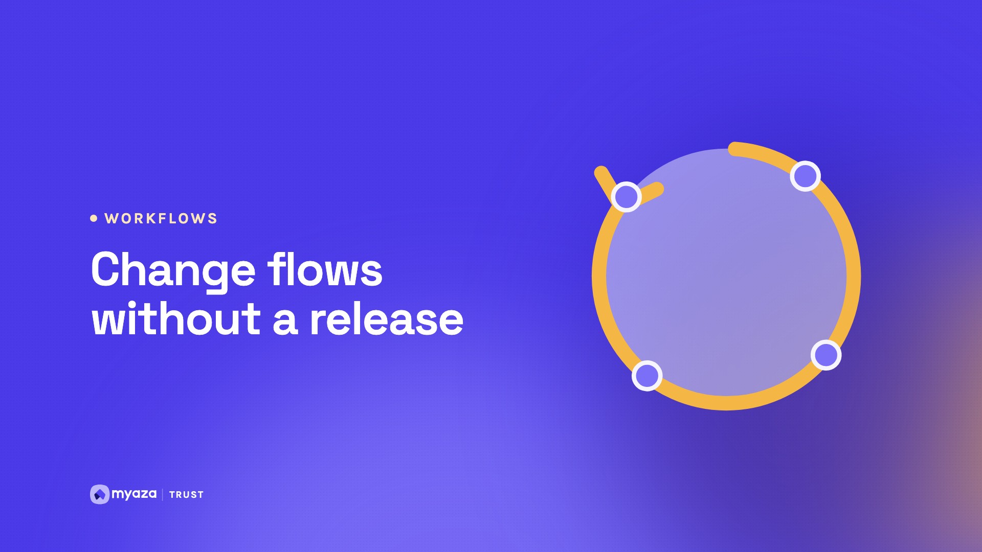 Headline "Change flows without a release" beside an illustration of a continuous circular arrow, on a vivid purple gradient.